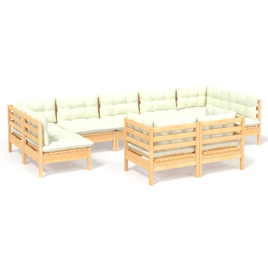 Salon de jardin 9 pcs avec coussins crème bois de pin massif - 2