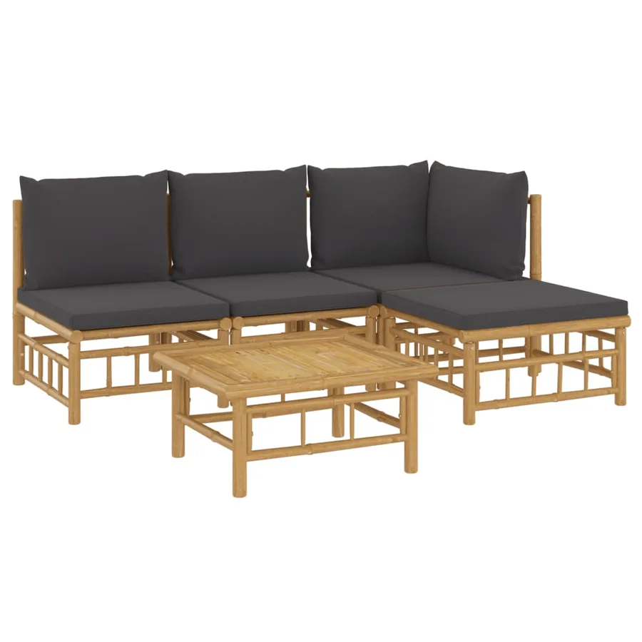 Salon de jardin 5 pcs avec coussins gris foncé bambou - 3