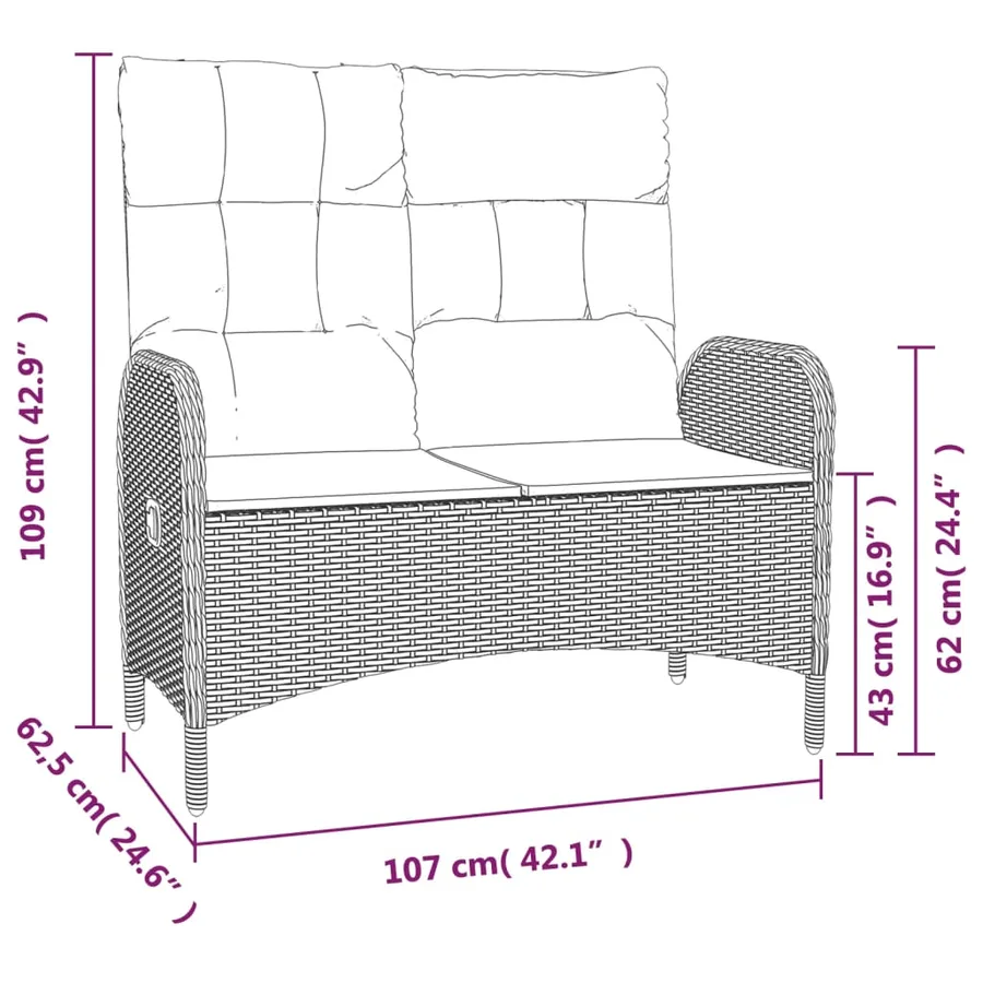 Banc de jardin inclinable avec coussins 107 cm Poly rotin Gris - 7