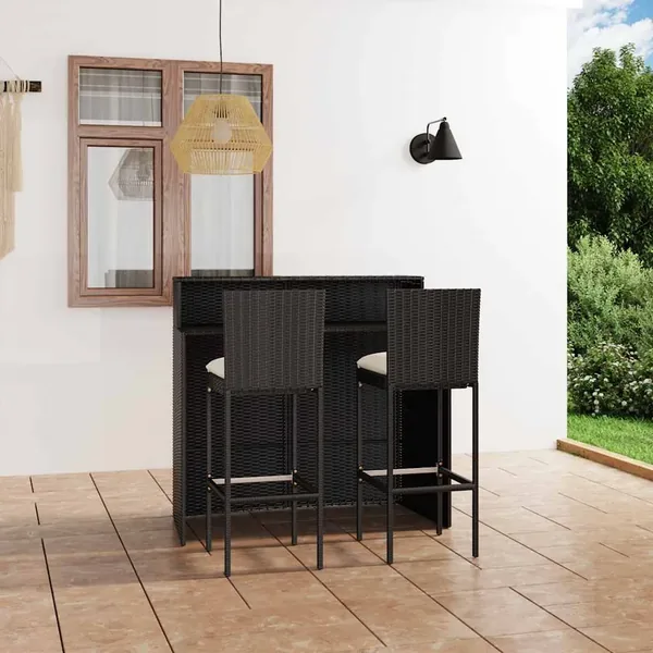 Ensemble de bar de jardin avec coussins 3 pcs Noir