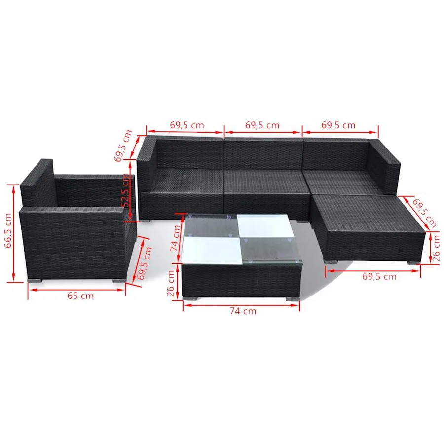 Salon de jardin 6 pcs avec coussins Résine tressée Noir - 11