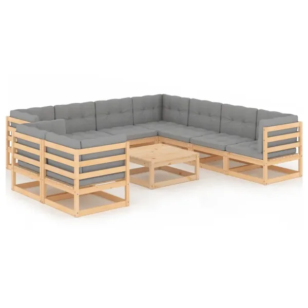 Salon de jardin 10 pcs avec coussins Bois de pin massif