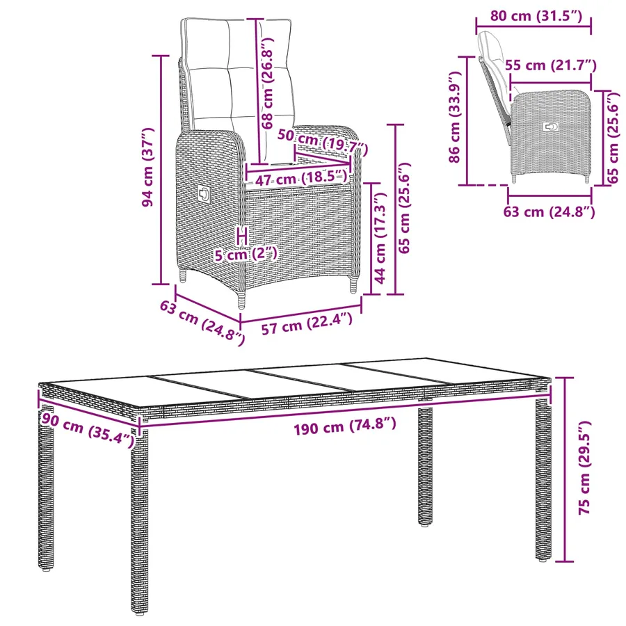 Ensemble de repas extérieur 7 pcs Noir 190 x 90 x 75 cm - 11