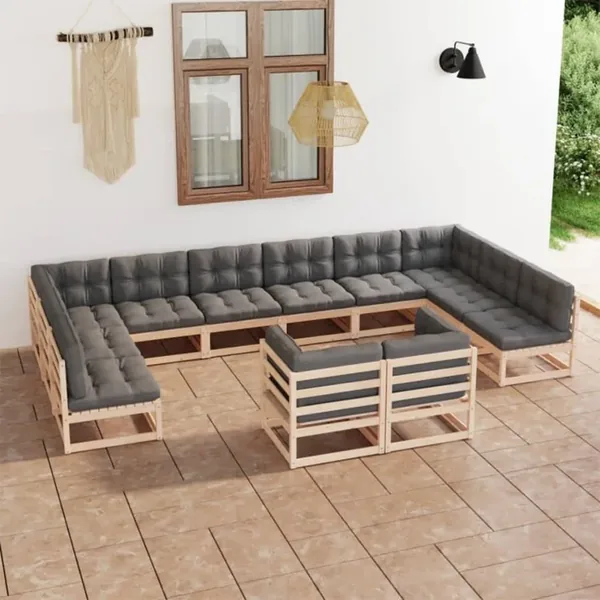 Salon de jardin 12 pcs avec coussins Bois de pin massif