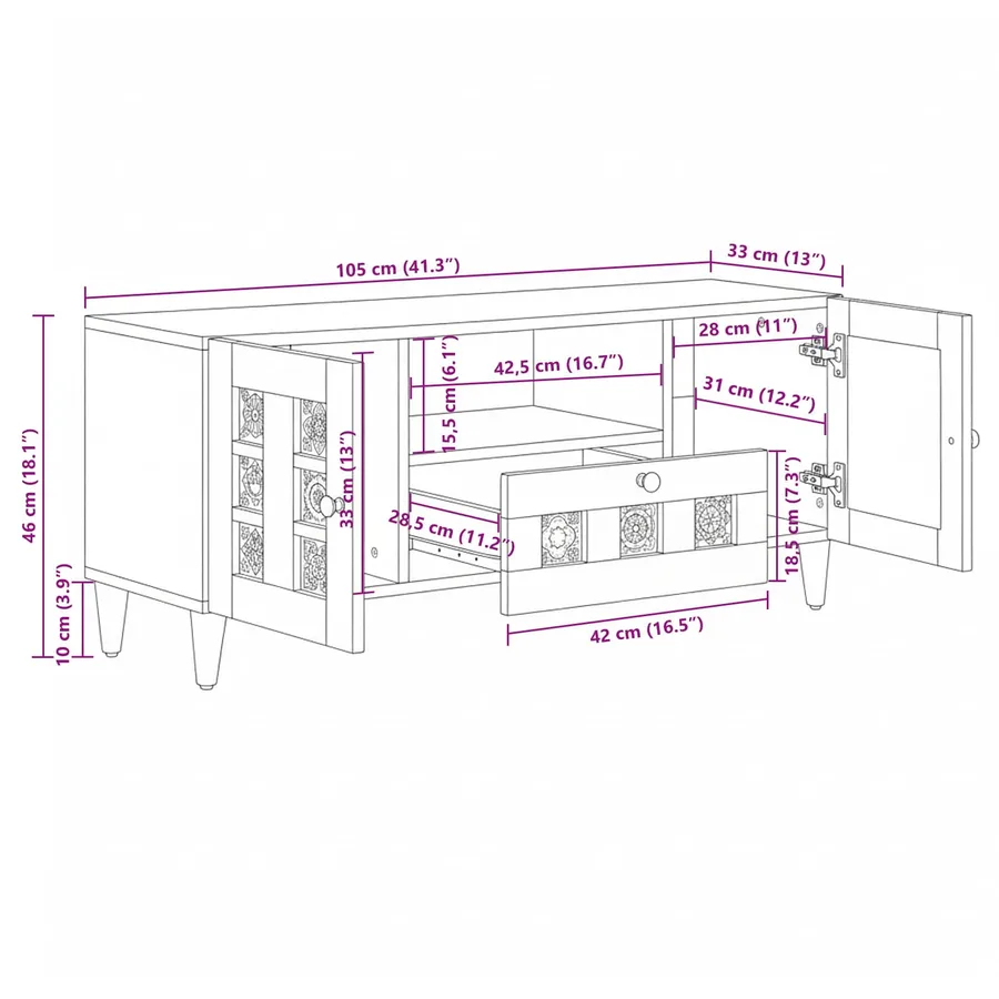 Meuble TV Naturel 105 x 33,5 x 46 cm Bois de mangue massif - 11