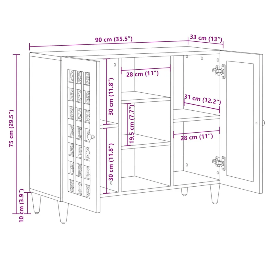 Buffet avec porte Naturel 90 x 33 x 75 cm Bois de mangue massif - 11