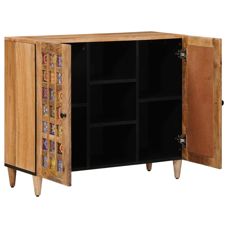 Buffet avec porte Naturel 90 x 33 x 75 cm Bois de mangue massif - 2