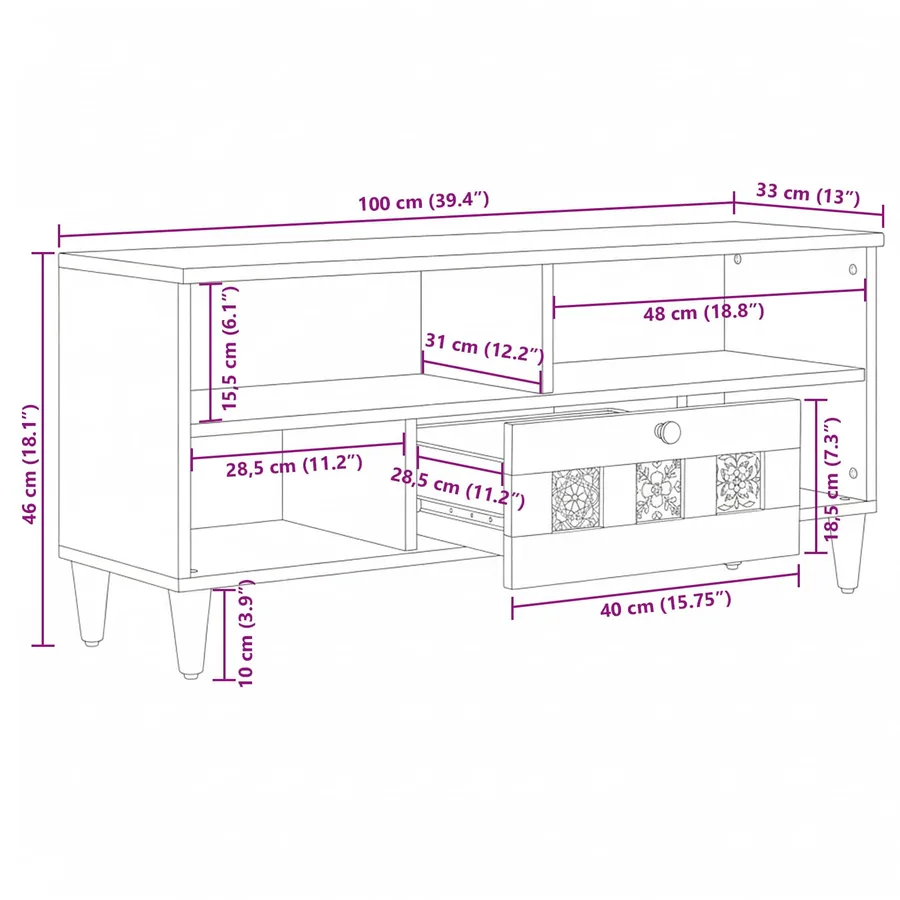 Meuble TV Naturel 100 x 33 x 46 cm Bois de mangue massif - 11