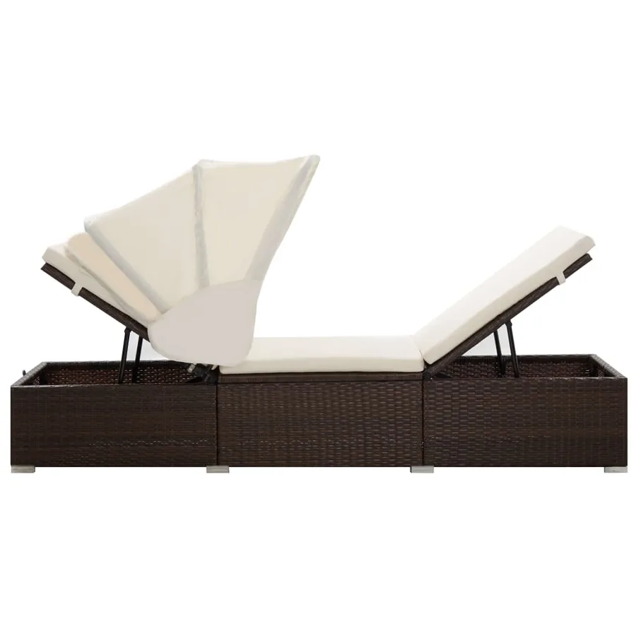 Chaise longue avec auvent et coussin Résine tressée Gris - 25