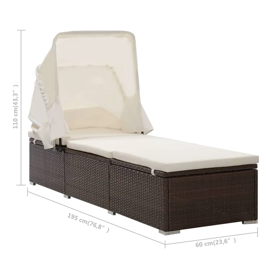 Chaise longue avec auvent et coussin Résine tressée Gris - 28