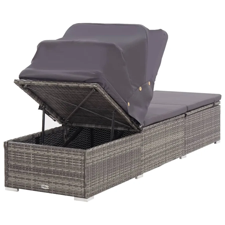 Chaise longue avec auvent et coussin Résine tressée Gris - 5