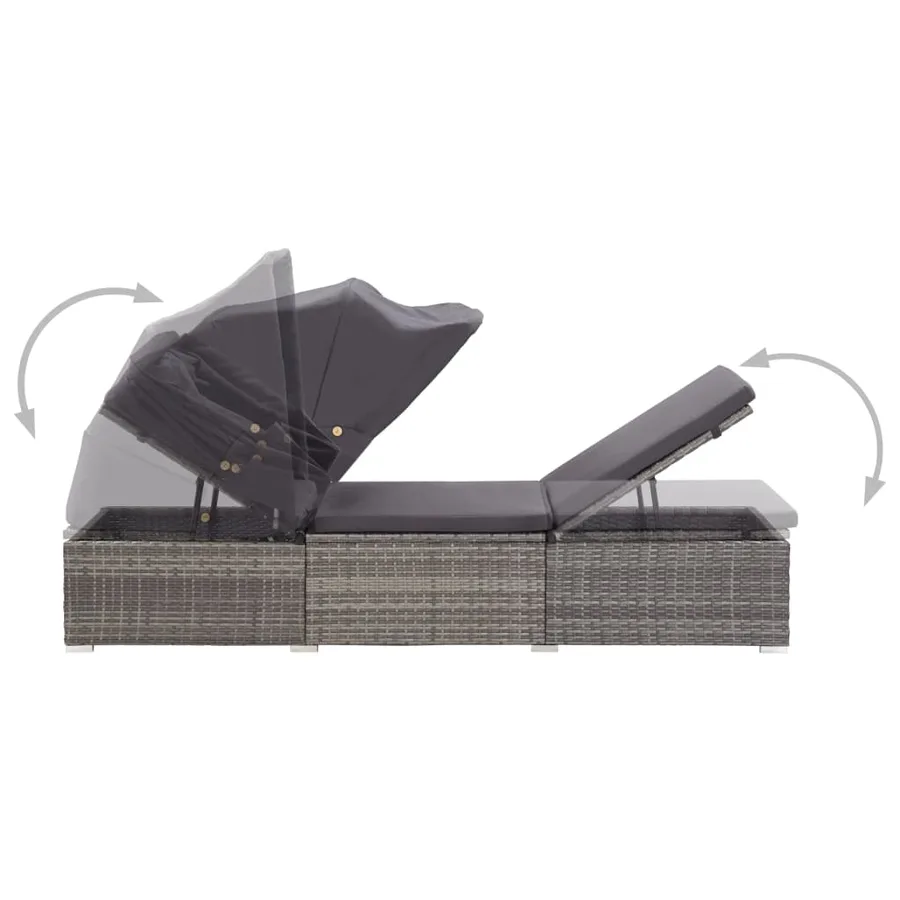 Chaise longue avec auvent et coussin Résine tressée Gris - 6