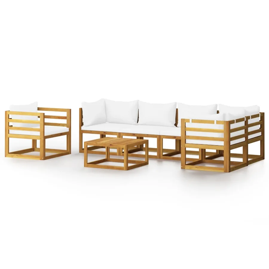 Salon de jardin 7 pcs avec coussin Crème Bois d'acacia solide - 2