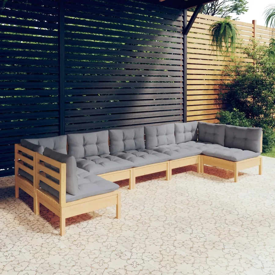 Salon de jardin 7 pcs avec coussins gris bois de pin massif