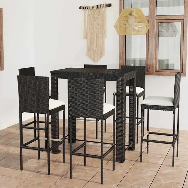 Ensemble de bar d'extérieur 7 pcs coussins Résine tressée Noir