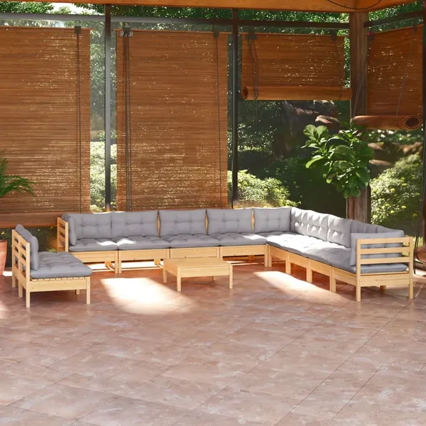 Salon de jardin 12 pcs avec coussins gris Bois de pin massif