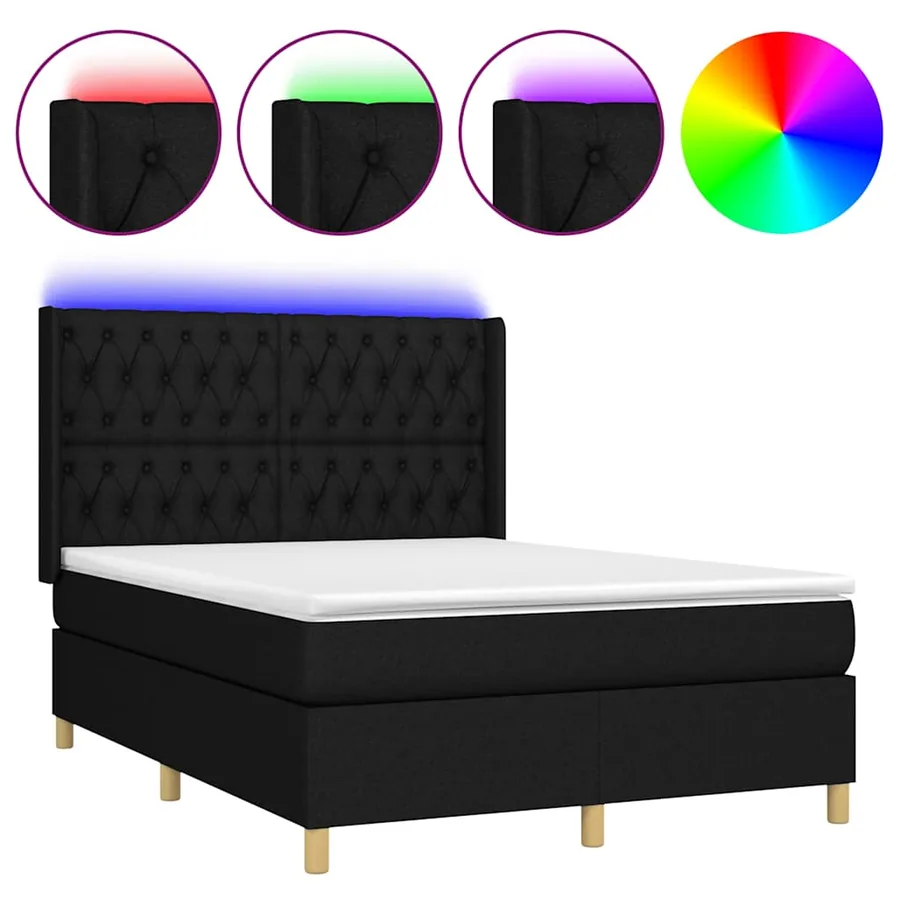 Sommier à lattes de lit matelas et LED Noir 140x200 cm Tissu - 2