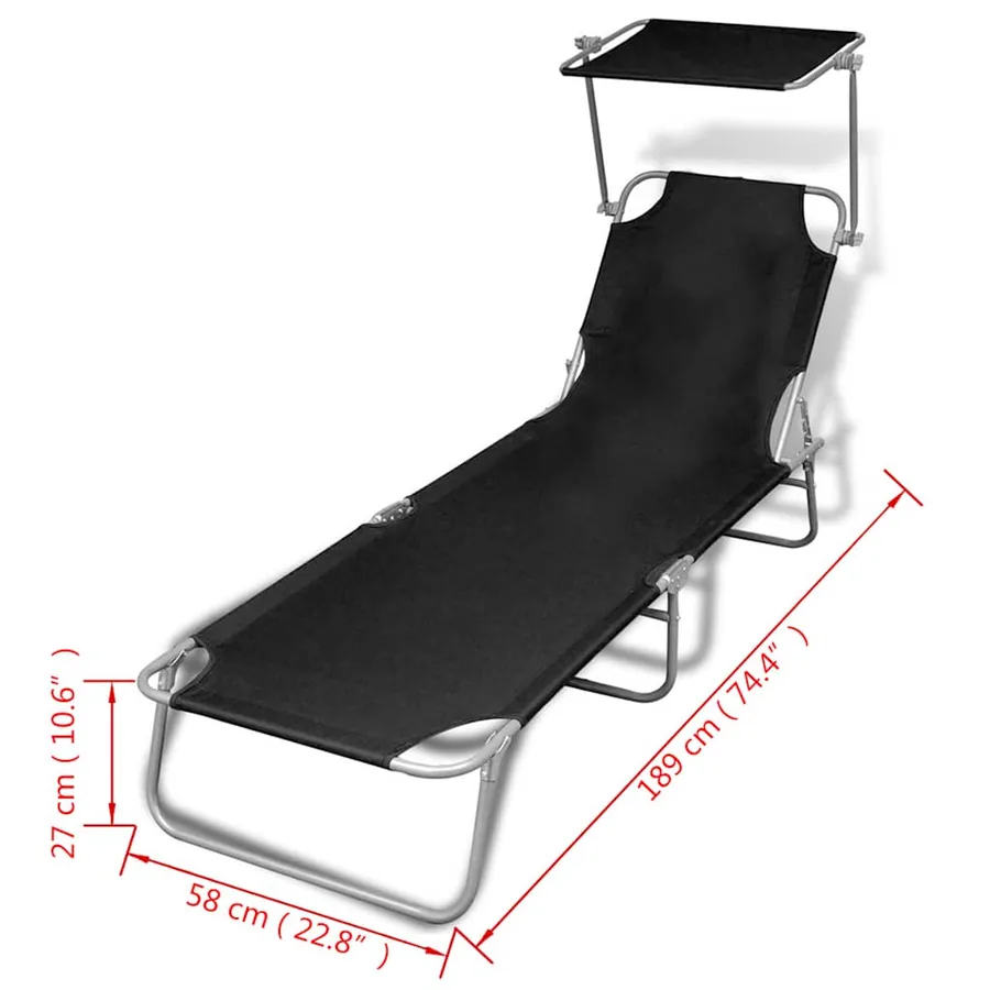 Chaise longue pliable avec auvent acier et tissu noir - 7
