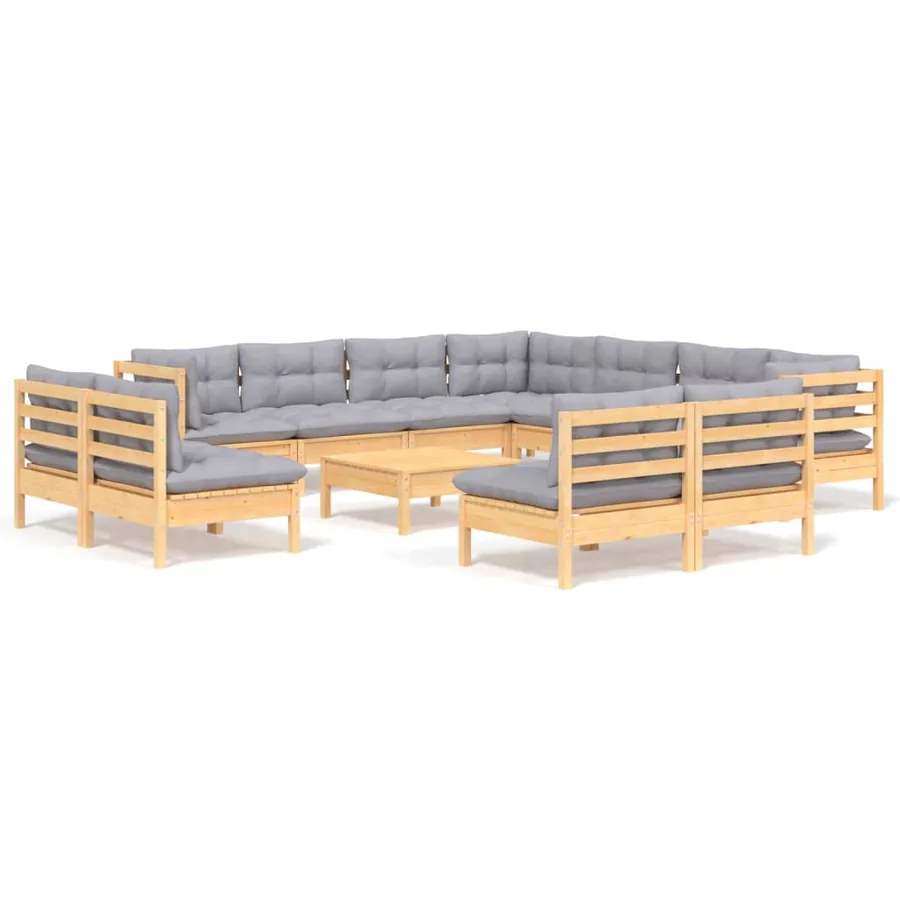 Salon de jardin 12 pcs avec coussins gris Bois de pin massif - 2