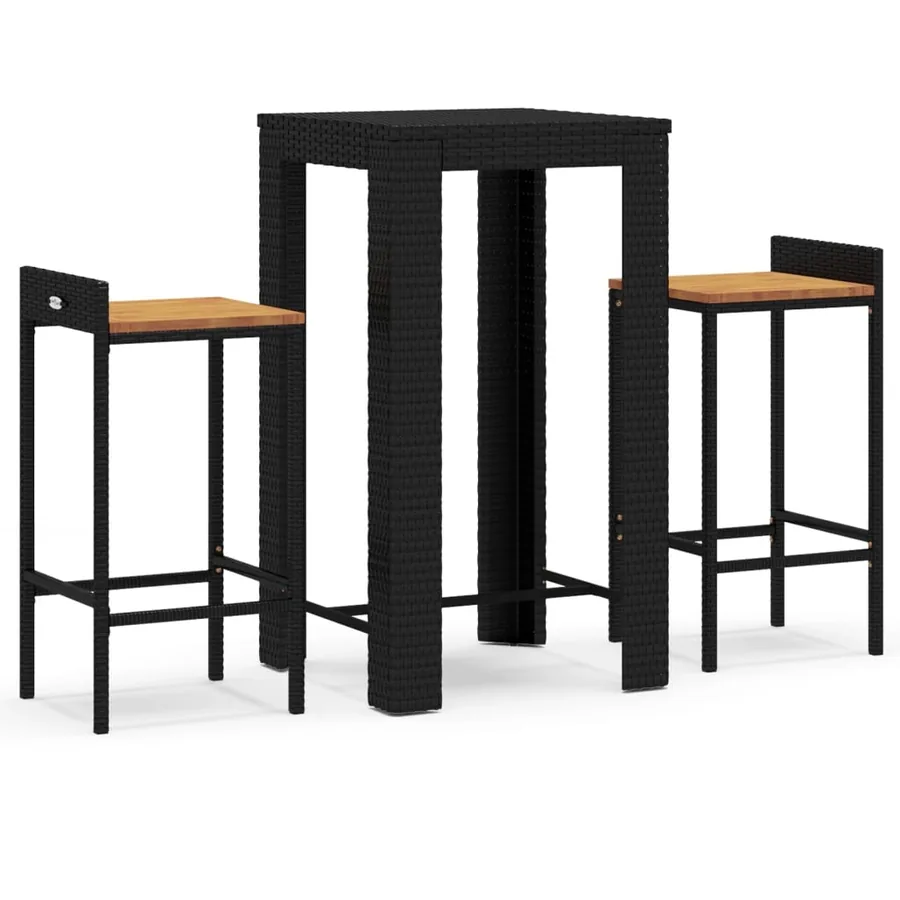 Ensemble de bar jardin 3 pcs noir poly rotin/bois massif acacia - 2