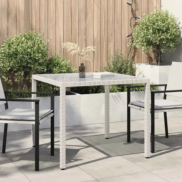 Table de jardin 90x90x75cm Verre trempé et résine tressée Blanc