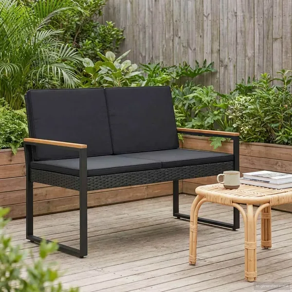 Banc extérieur avec coussin Noir 107 x 61 x 80 cm polyrotin