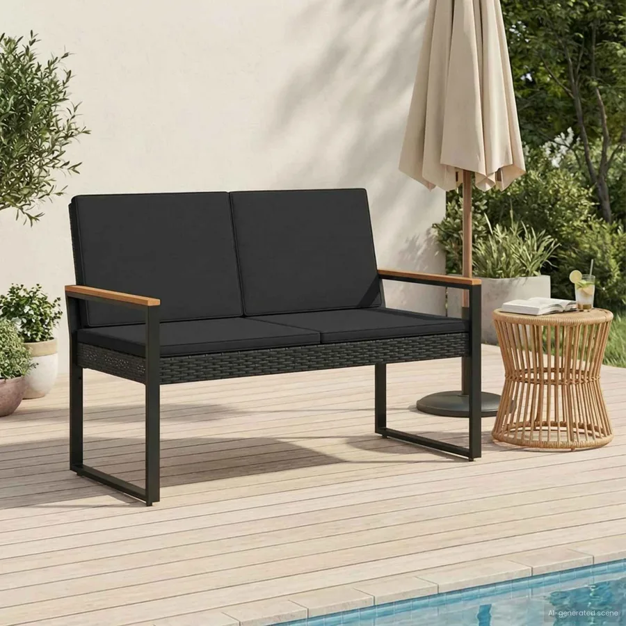 Banc extérieur avec coussin Noir 107 x 61 x 80 cm polyrotin - 3