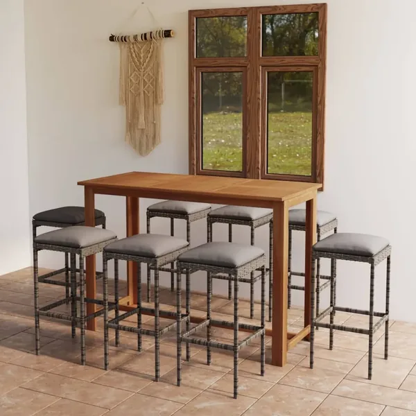 Ensemble de bar de jardin avec coussins 9 pcs Gris