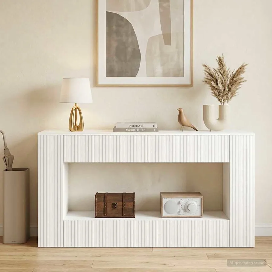 Table console Rayé Blanc 155 x 29 x 74 cm Bois d’ingénierie - 4