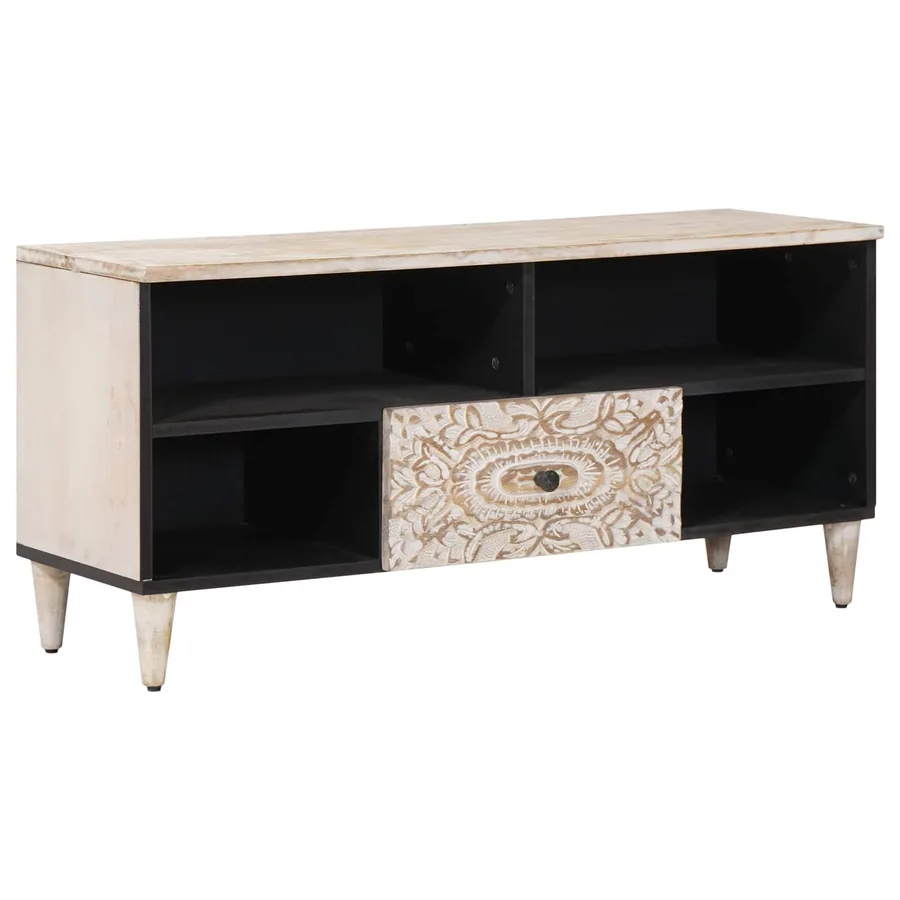 Meuble TV Blanc 100 x 33,5 x 46 cm Bois de mangue massif