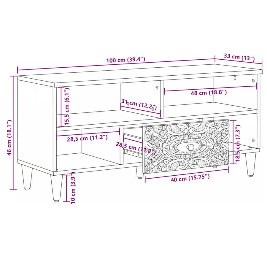 Meuble TV Blanc 100 x 33,5 x 46 cm Bois de mangue massif - 11