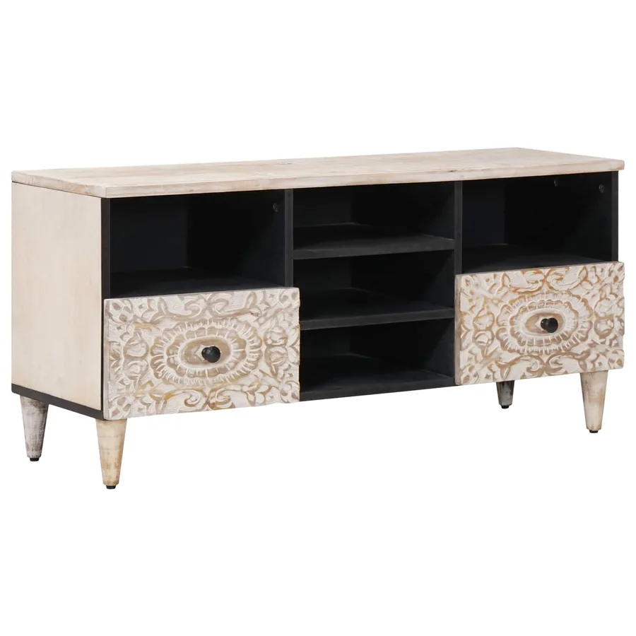Meuble TV Blanc 100 x 33,5 x 46 cm Bois de mangue massif