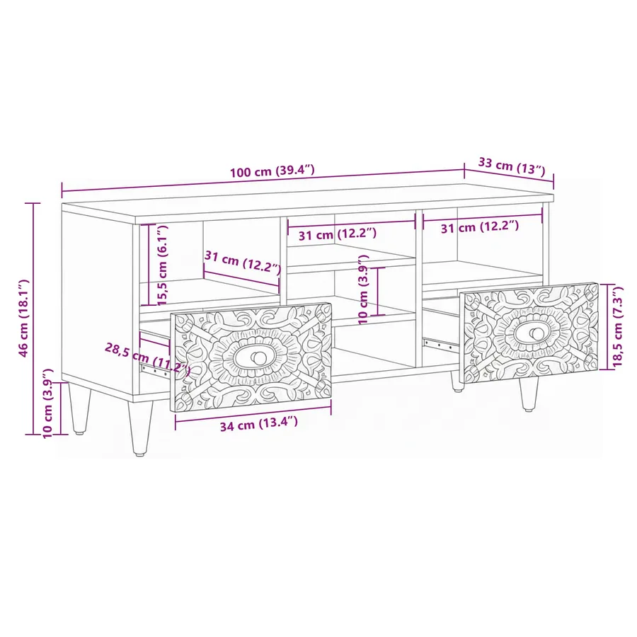 Meuble TV Blanc 100 x 33,5 x 46 cm Bois de mangue massif - 11