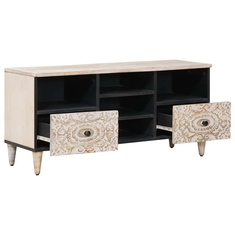 Meuble TV Blanc 100 x 33,5 x 46 cm Bois de mangue massif - 2