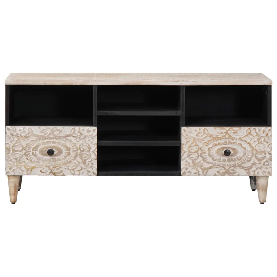 Meuble TV Blanc 100 x 33,5 x 46 cm Bois de mangue massif - 3