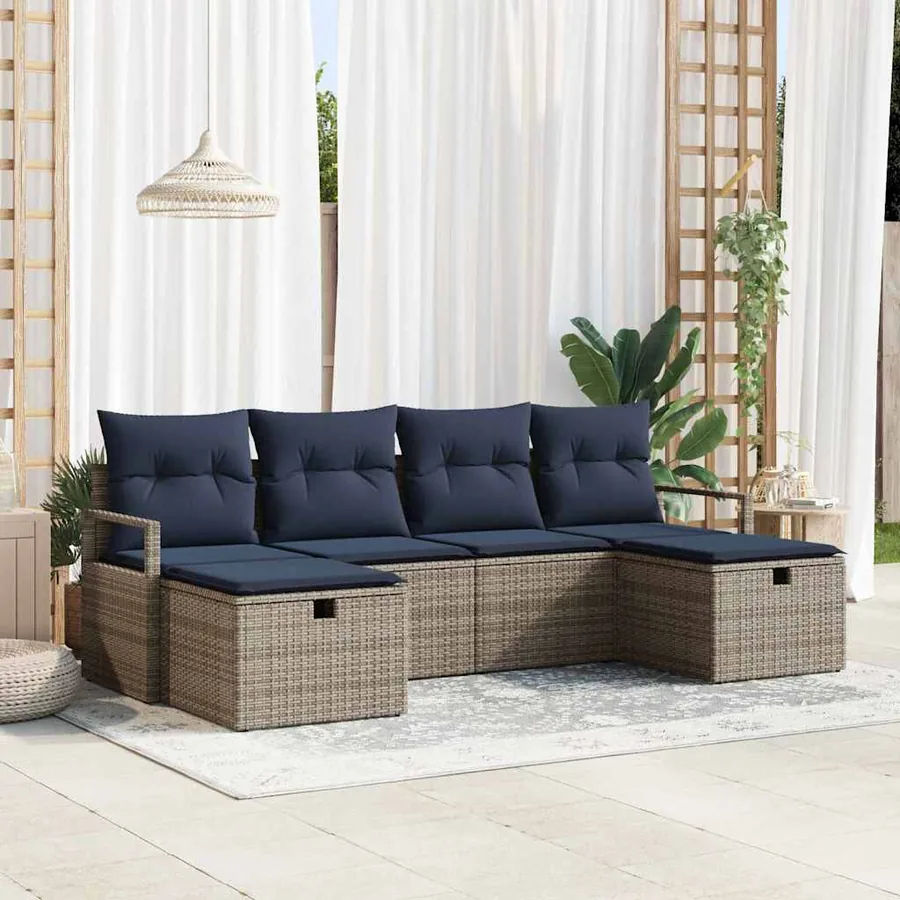 Ensemble de Canapés avec coussin 6 pcs Gris et marine polyrotin