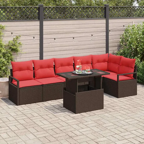 Ensemble de canapé de jardin 7 pcs Marron et rouge polyrotin