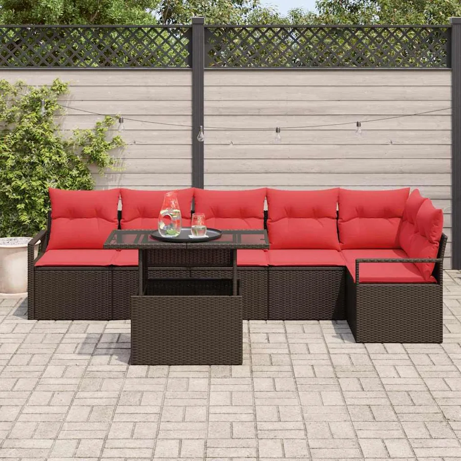 Ensemble de canapé de jardin 7 pcs Marron et rouge polyrotin - 3