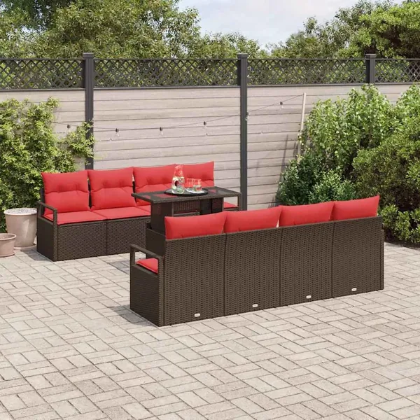 Ensemble de canapé de jardin 9 pcs Marron et rouge polyrotin