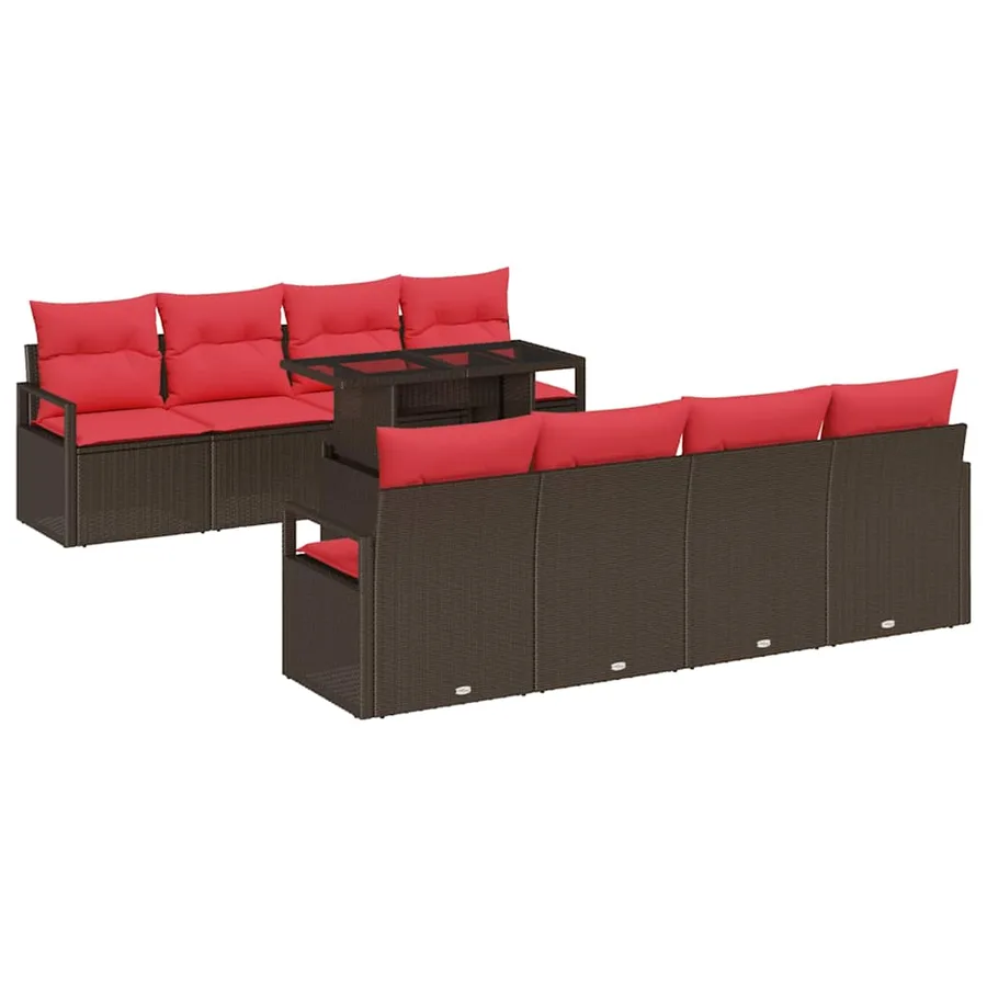 Ensemble de canapé de jardin 9 pcs Marron et rouge polyrotin - 2