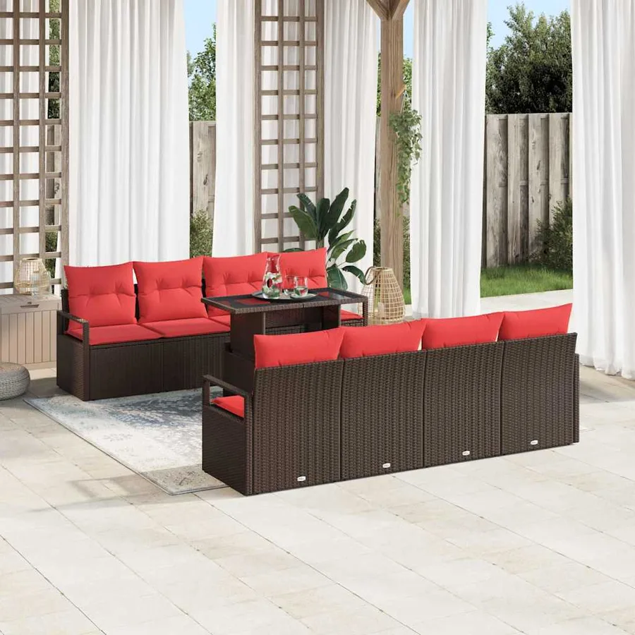 Ensemble de canapé de jardin 9 pcs Marron et rouge polyrotin - 3