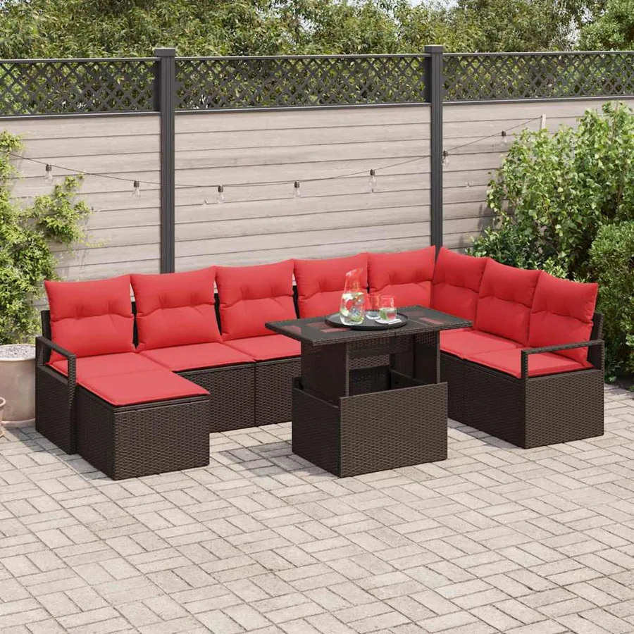 Ensemble de canapé de jardin 9 pcs Marron et rouge polyrotin