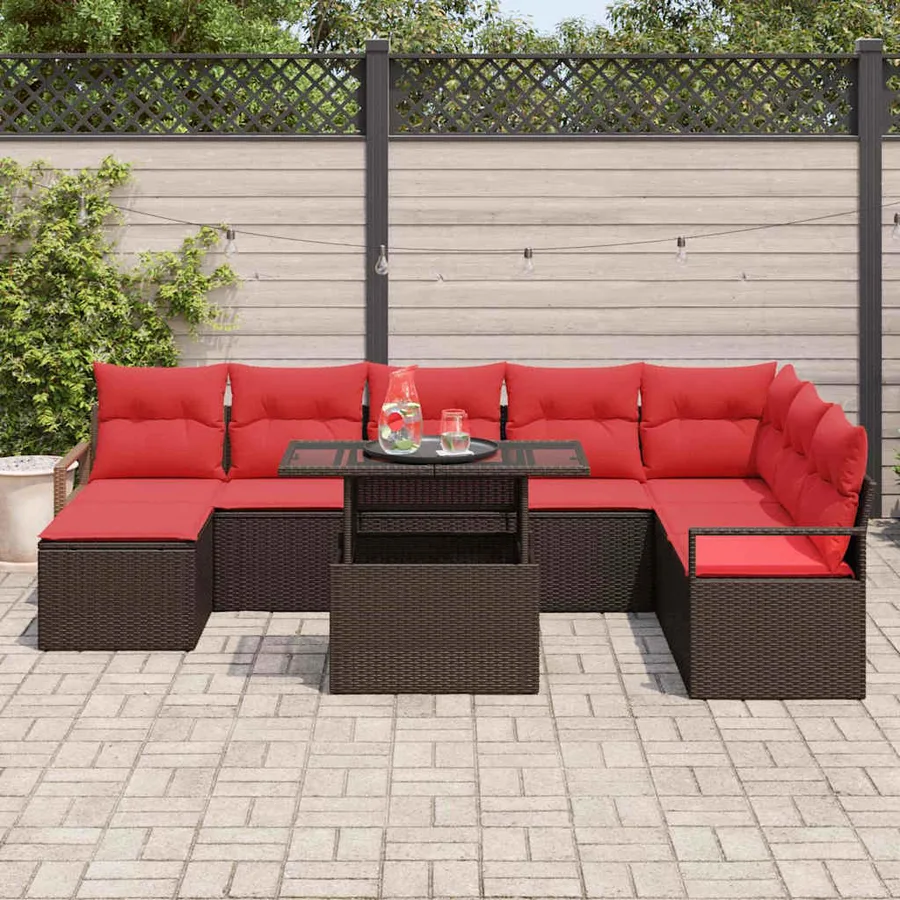 Ensemble de canapé de jardin 9 pcs Marron et rouge polyrotin - 3