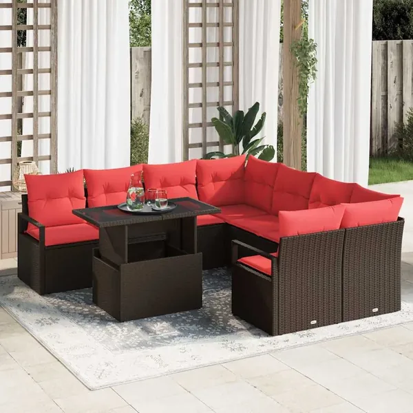 Ensemble de canapé de jardin 9 pcs Marron et rouge polyrotin