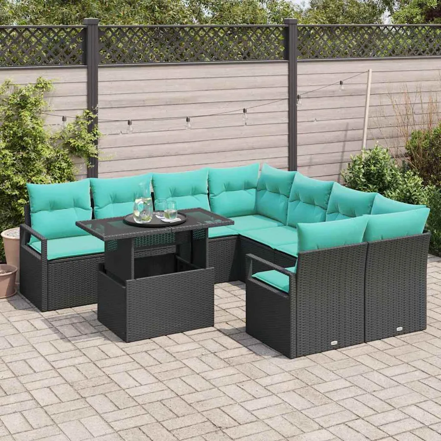 Ensemble de canapé de jardin 9 pcs Noir et Bleu polyrotin - 3