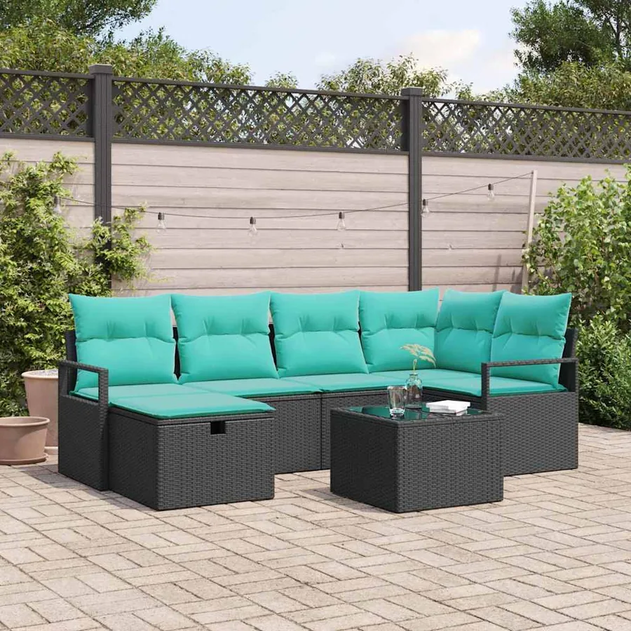 Ensemble de Canapés 7 pcs Noir et turquoise polyrotin