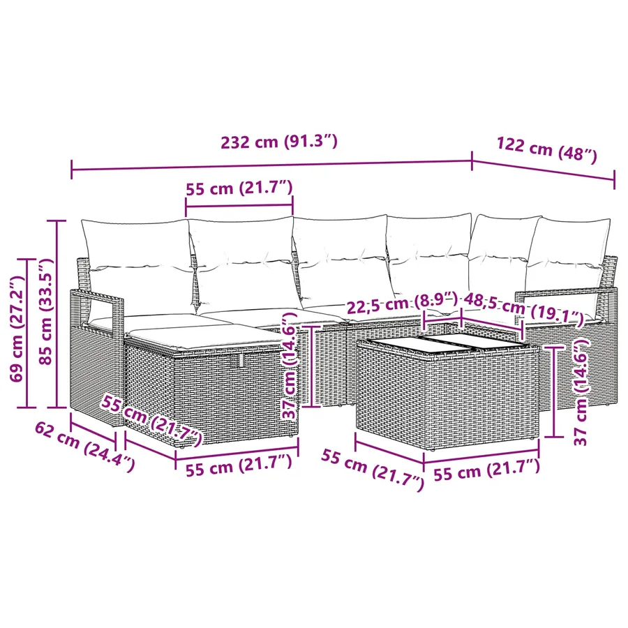 Ensemble de Canapés 7 pcs Noir et turquoise polyrotin - 11
