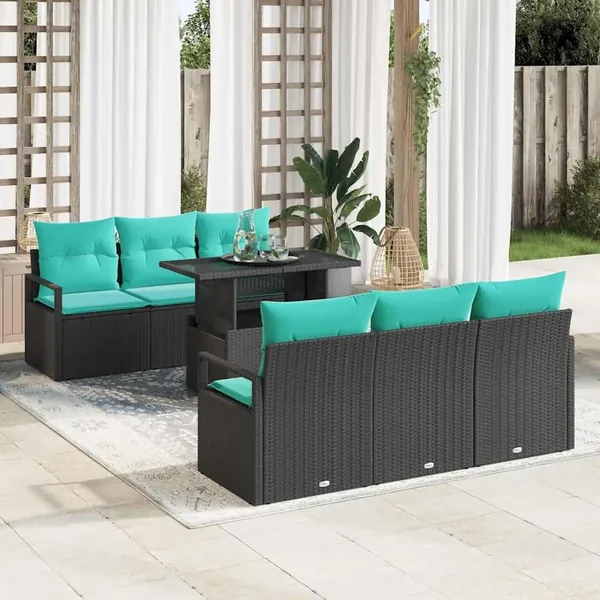 Ensemble de canapé de jardin 7 pcs Noir et Bleu polyrotin