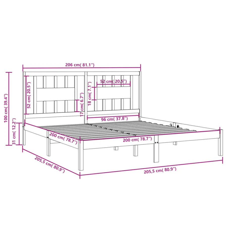 Cadre de lit sans matelas gris bois massif 200x200 cm - 6