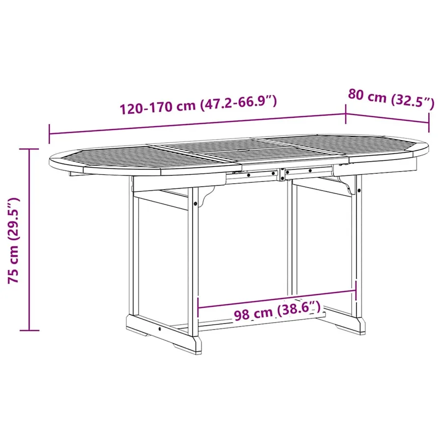 Table à dîner de jardin (120-170)x80x75 cm Bois d'acacia massif - 9
